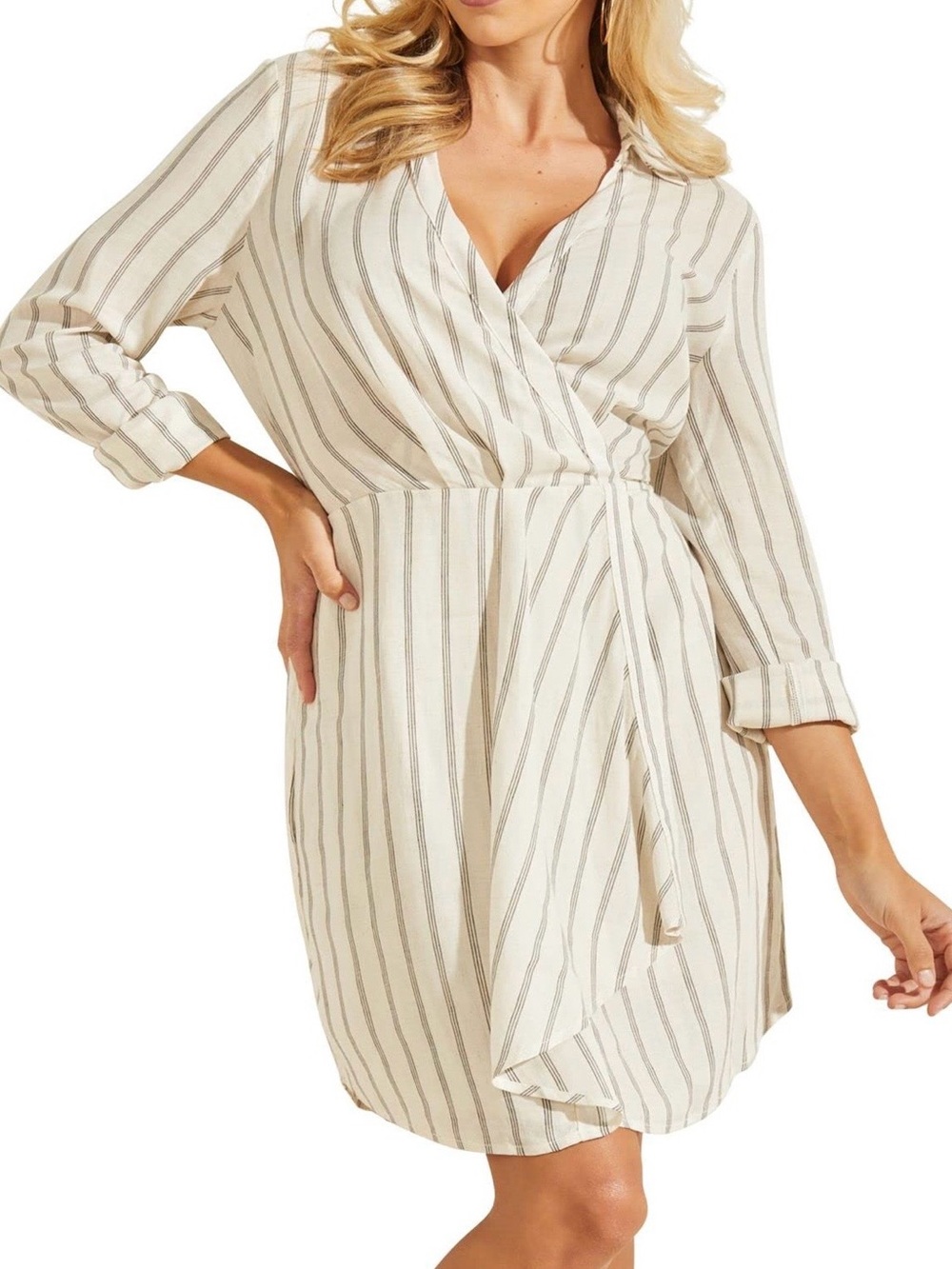 NWT Guess Viscose Linen Viscose Blend Cream Stripe Wrap Shirt Dress Medium